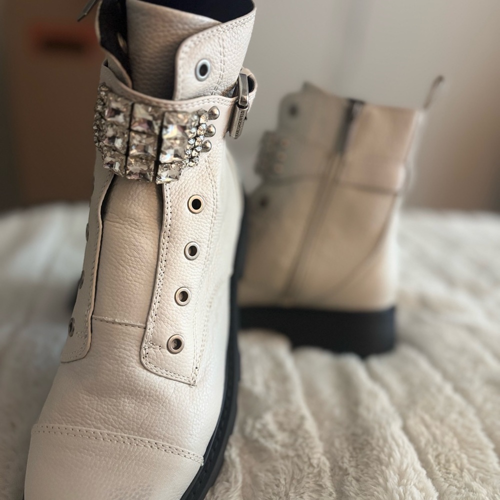 Karl Largerfeld Cream and Black Moto Boots with Silver Accents